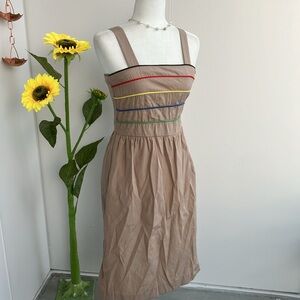 Vintage 70s 80s Casual Beige Midi Day Dress with Rainbow Stripes Square Neckline